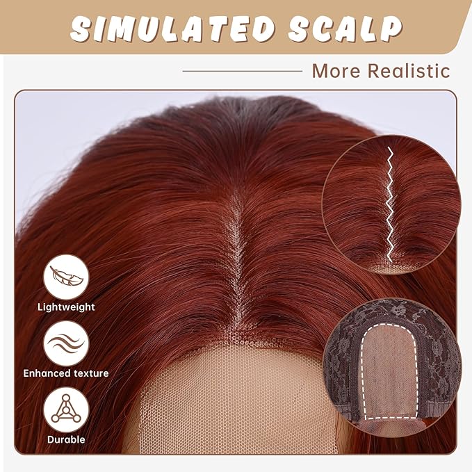 Medium Length Copper Red Wavy Wigs for Women 18 Inch Middle Part Wavy Fox Red Wig Natural Looking Synthetic Heat Resistant Fiber Wig for Daily Party Use (18 inch)