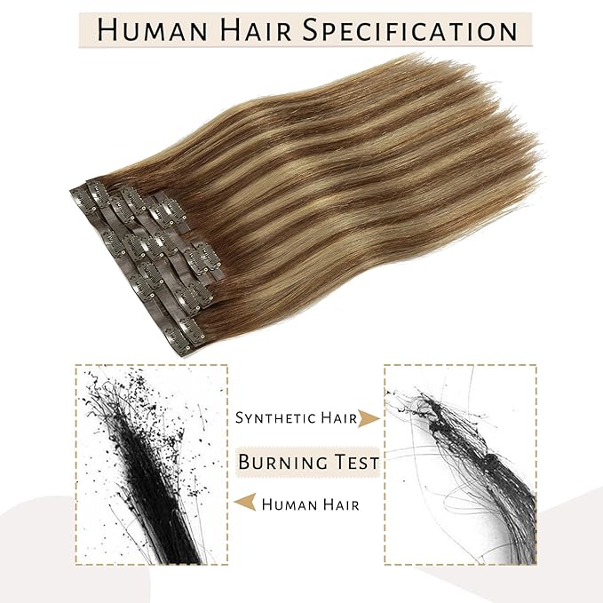 Caliee Balayage Clip in Hair Extensions Real Human Hair Fluffy Not Tangled Seamless Hair Extensions Clip in Human Hair 20 Inch 115G 8Pcs R4-4/27 Chocolate Brown to Caramel Blonde Hair