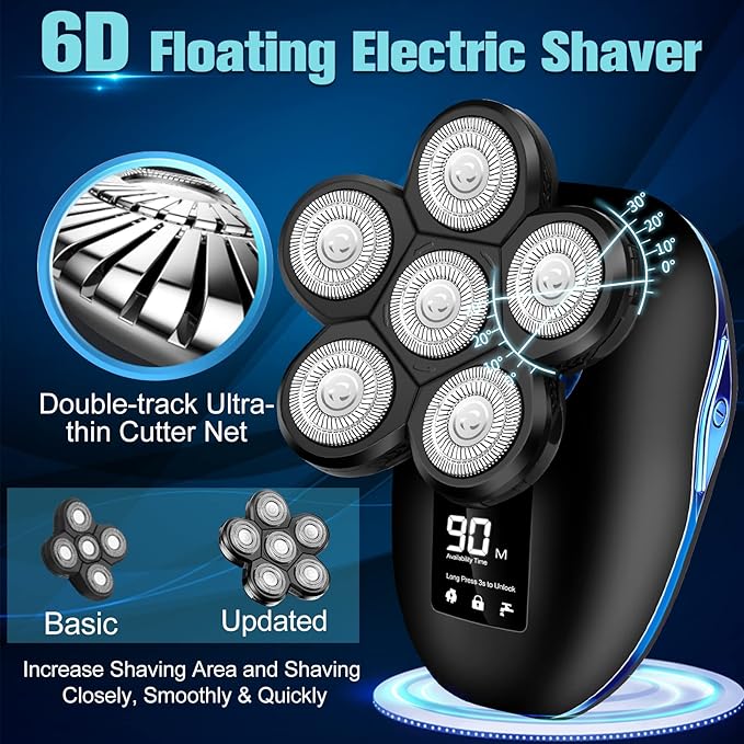 Head Shaver for Bald Men6-in-1 Electric Shaver for Bald Head 6D Wet/Dry Waterproof Mens Electric Razor Head Shavers Mens Grooming Kit Cordless Rechargeable Face Head Shaving Rotary Shaver