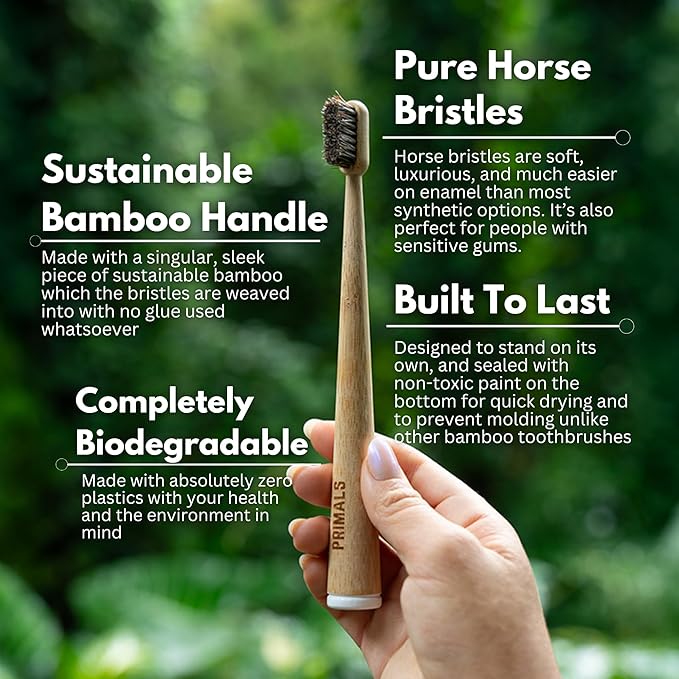 PRIMALS Horse Bristle &amp Bamboo Toothbrush (4-Pack) - Luxurious &amp Soft Horse Bristles - Fully Biodegradable - Plastic &amp Nylon Free - Quick Dry Design
