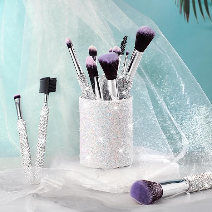 Nuogo 13 Pcs Rhinestone Makeup Brushes Set 12 Bling Crystal Professional Face Cosmetics Blending Liquid Foundation Powder Concealer Eye Shadows Make up Beauty Tool Glitter with 1 Holder