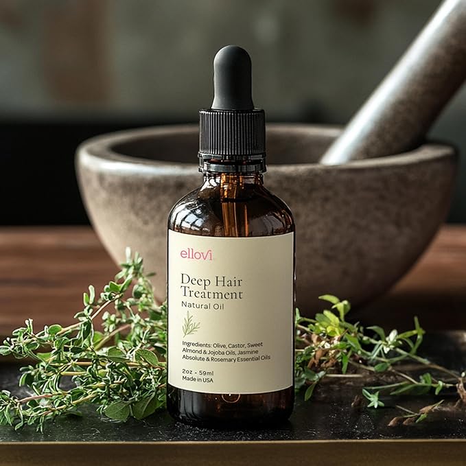 Ellovi Deep Hair Treatment Oil ? 100% Natural Leave-In Hair Repair for Growth &amp Hydration ? Castor Jojoba Almond &amp Rosemary Oils ? Cold-Pressed Oils Vegan. Frizz Control for All Hair Types