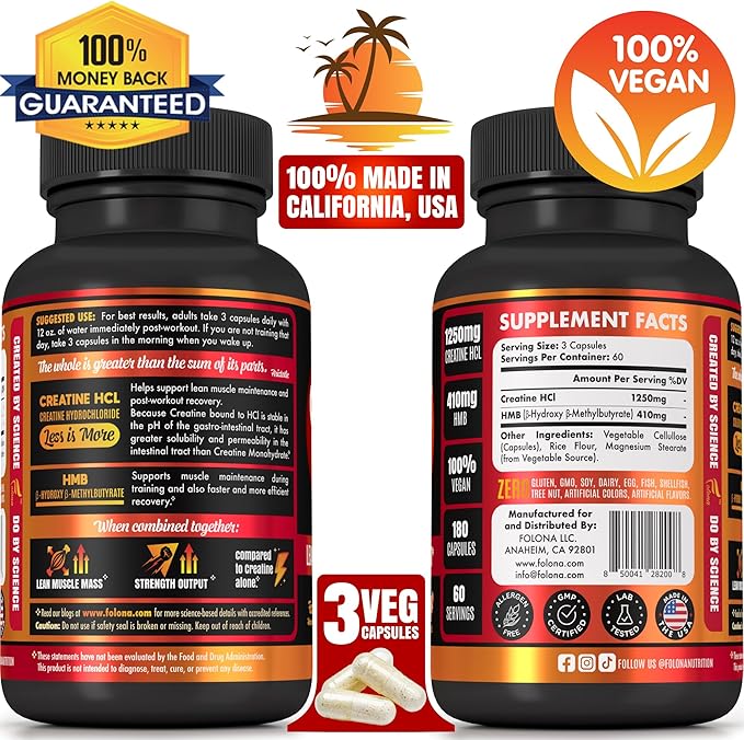 Creatine HCL Capsules with HMB - Workout Supplement for Men &amp Women Muscle Builder Endurance Strength Superior to Monohydrate: Instantized for Max Absorption No Load No Bloat 180 Vegan Caps