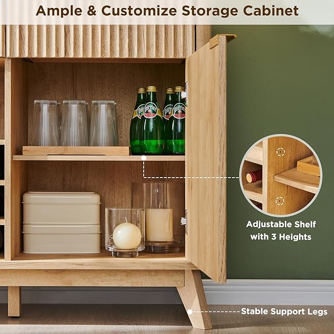 OKD 60 Fluted Buffet Cabinet with Storage - 3 Drawers and 2 Doors Mordern Wine &amp Coffee Bar Cabinet with Wine and Glass Racks Sideboard with Adjustable Shelves for Kitchen Dining RoomNatural