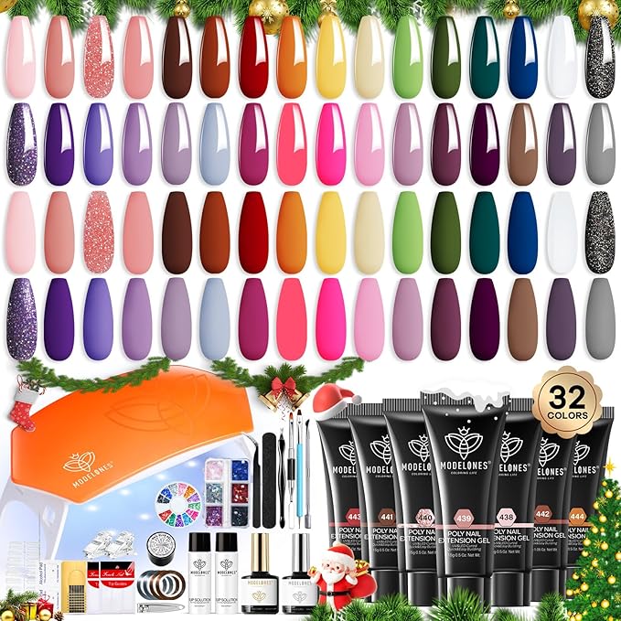 Modelones 133pcs Poly Extension Gel Nail Kit 32 Colors All Seasons Poly Gel kit with Nail Lamp Slip Solution Builder Thickening Manicure Tools for Starter Salon DIY