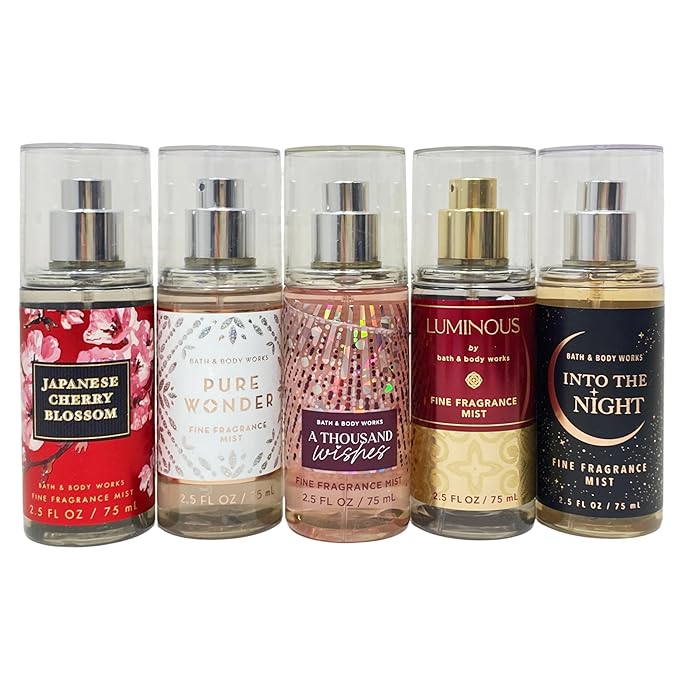 Best of Bath &amp Body Works 5-piece Mini Fine Fragrance Mist Gift Set - Japanese Cherry Blossom- A Thousand Wishes - Pure Wonder - Luminous - Into The Night - with a Natural Oats Soap Sample