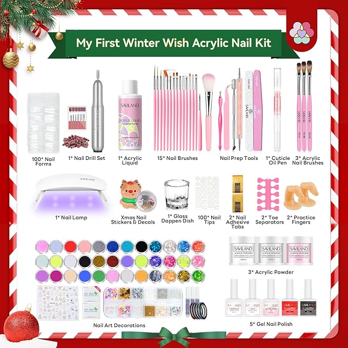 SAVILAND Acrylic Nail Kit Christmas Advent Calendars: Premium Acrylic Nail Kit with Nail Drill Xmas Stickers 24 Days Christmas Manicure Gift Set For Women Girls Limited Winter Holiday Gifts