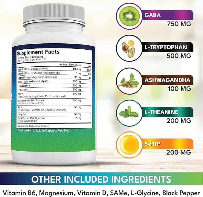 NEW AGE GABA 750mg 5 HTP 200mg L Tryptophan 500mg L Theanine 200mg Ashwagandha SAM-e L-Glycine - Vitamins for Women and Men with 5-HTP (5-Hydroxytryptophan) - 270 Count