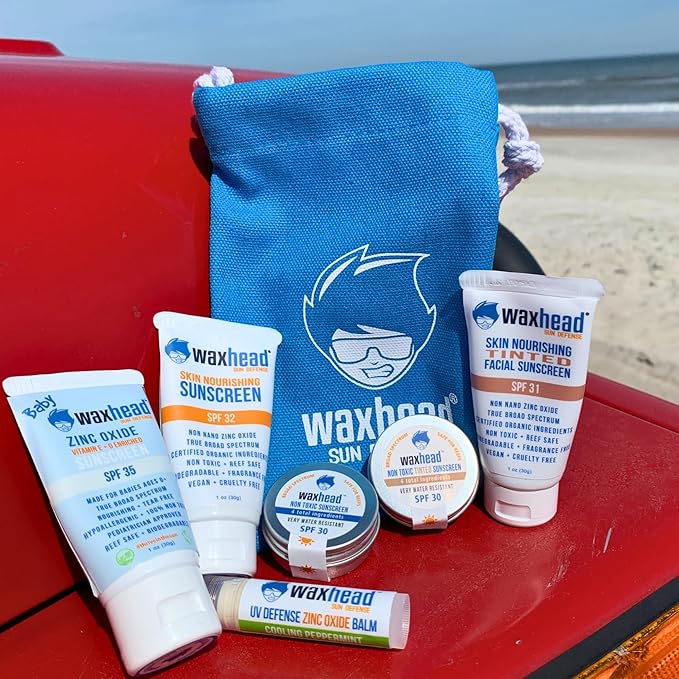 Waxhead Travel Size Sunscreen Sampler Box - Non-Nano Zinc Oxide Coral Reef Safe Biodegradable Sunblock SPF 30. Zinc Lip Balm Solid Mini Paste Tins (.5oz) Tinted Baby + Everyday (1oz) in Canvas Bag