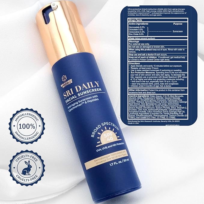 SRILabs Daily Facial Sunscreen - SPF 40 - Anti-Aging with Lipochroman &amp Peptides - Transparent Zinc Oxide - Universal tint &amp Weightless - 1.7 OZ