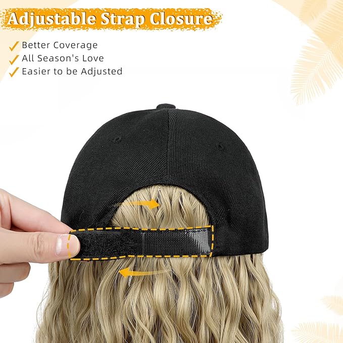 Baseball Cap with Hair Extensions Hat Wig Adjustable Hat Attached Curly Wave 14 Synthetic Hairpiece for Women Ash Blonde