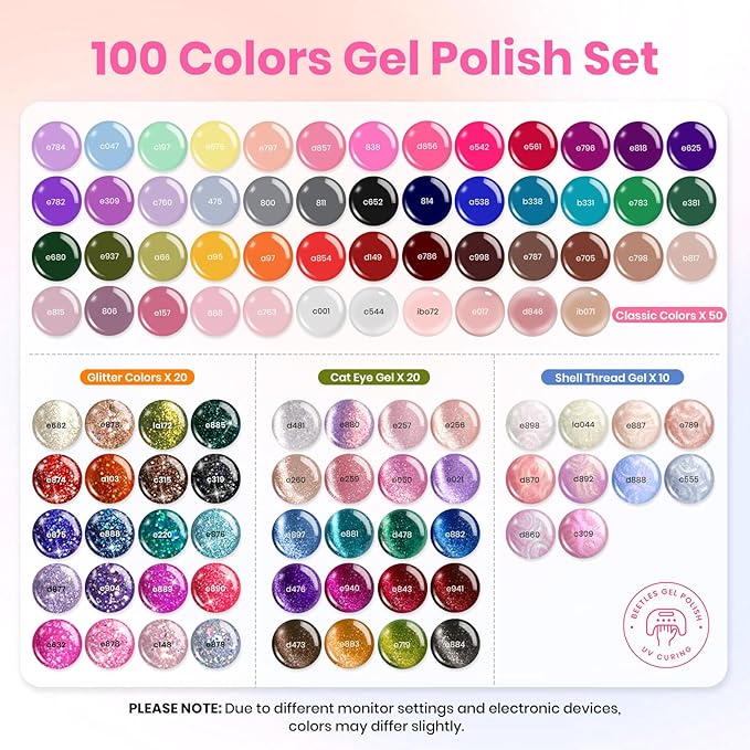 Beetles 100 Colors Gel Nail Polish Set 119 PCS Nail Polish Kit All Season Cat Eye Pink Blue Jelly Glitter Pearl Gel Polish &amp 5Pcs Base Top Coat Soak off UV Manicure Nail Art Home Gifts for Women