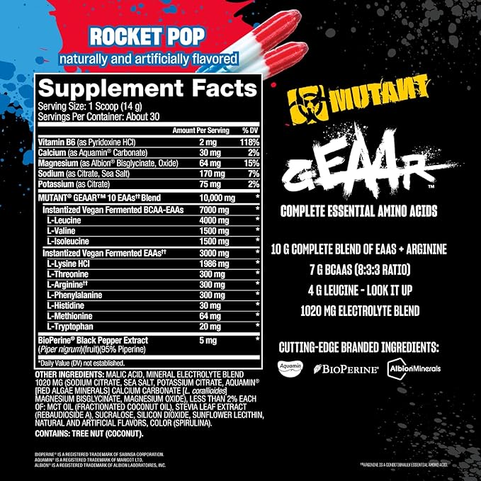 Mutant GEAAR - 9.4g of EAA Powder + Arginine 7g BCAAs 4g Leucine Electrolytes Coconut Water Delicious Taste - 30 Servings - Rocket Pop