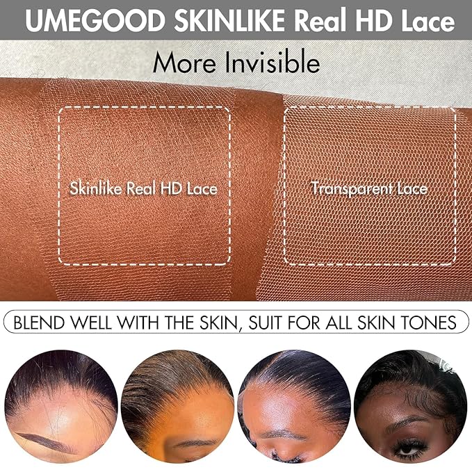 UMEGOOD 0.10mm Ultra-thin SKINLIKE Real HD Lace Wig 13x6 Full Frontal 250% Density Clean Hairline Pre Plucked Bleached Knots HD Lace Body Wa6ve Human Hair Wig With Baby Hair 32 Inch