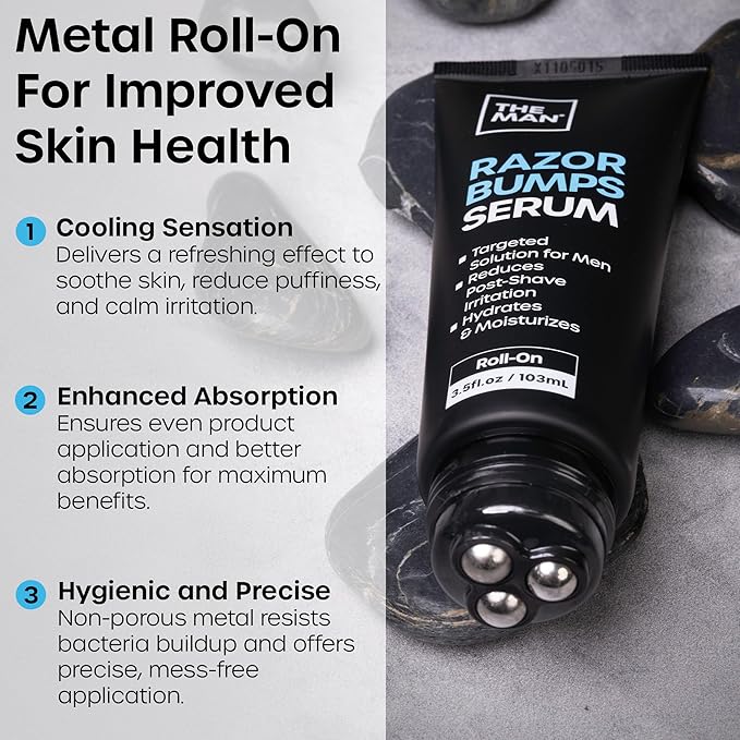 The Man Razor Bumps Serum - Ingrown Hair Treatment for Men - Razor Bump Treatment for Men - Face &amp Body After Shave &amp Razor Burn Treatment - Metal Roll On Soothes Skin &amp Calms Irritation (
