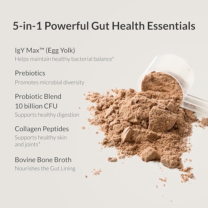 Microbiome Breakthrough Gut Support Powder Chocolate Flavor With Lactobacillus Strains Bone Broth &amp Collagen Source of L-Glutamine Supports Digestive Comfort Gas &amp Bloating Relief 30 Serving