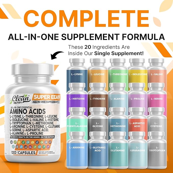 Clean Nutraceuticals Amino Acids Supplement L-Lysine L-Threonine L-Leucine Isoleucine Valine L-Histidine L-Tryptophan L-Methionine L-Arginine L-Cysteine L-Glutamine L-Serine Aspartic Acid