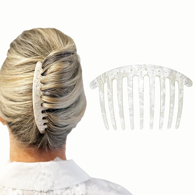 Camila Paris CP3737 French Side Comb Rounded White and Stones French Twist Hair Combs Decorative Strong Hold Hair Clips for Women Bun Chignon Up-Do Styling Girls Hair Accessories Handmade in France