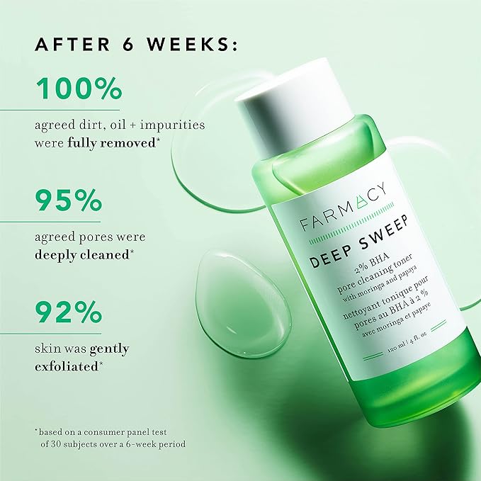 Farmacy 2% Salicylic Acid Toner for Face - Deep Sweep Gentle BHA Exfoliant for Oily Skin - Refines Texture with Papaya Enzymes &amp Moringa Water for a Healthy-Looking Complexion (120ml)