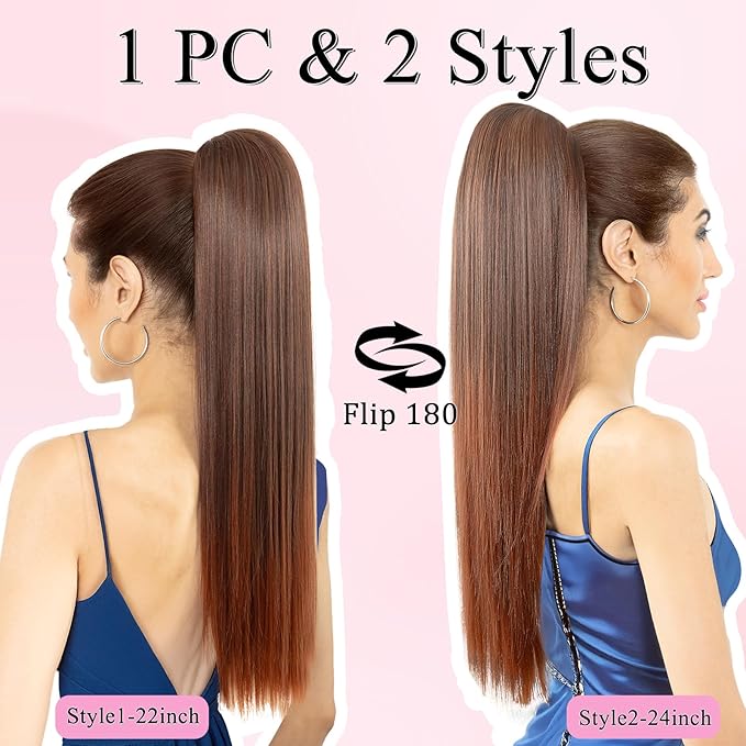 Ponytail Extension 24 Long Straight Claw Clip Ponytail Extension clip on ponytails hair clip Hair claw clip Fake Ponytail Hairpieces for Women ? Dark Brown with Copper Red End