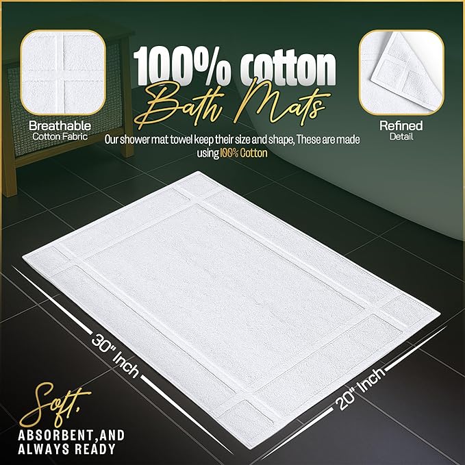 Pearl Linens Pack of 12 100% Cotton Bath Mat 20x30 inches Soft &amp Absorbent Quick Dry Bathroom Mat Set Not Bathroom Rugs After Shower Mat Bath Tub Mat 687 GSM Machine Washable White