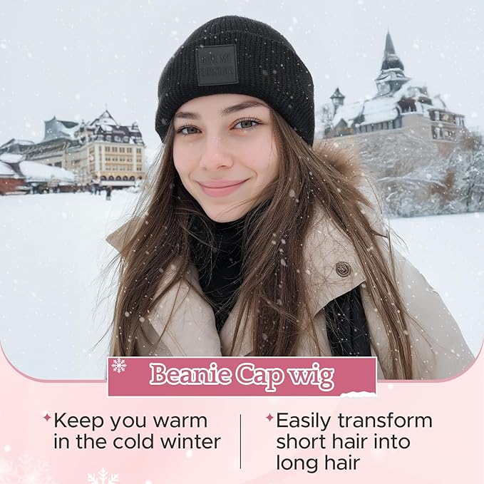 SEGO Beanie Wig for Women Hat with Hair Extentions Synthetic 11 Inch Straight Hairpiece Winter Warm Knitted Hat with Hair Attached for Women Girls 018