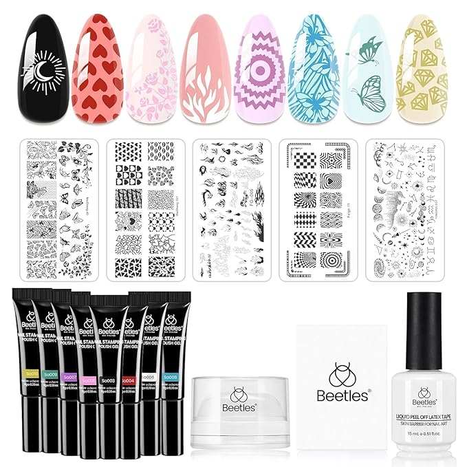 Beetles Nail Stamp Gel 16Pcs French Tip Nail Stamp Kit with 8 Colors Stamper Gel Polish 5 Nail Stamping Templates Scrapers Liquid Latex &amp Short Silicone Stamper Gift for Women