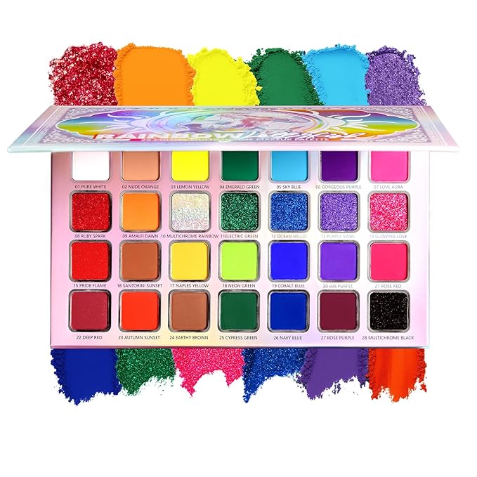 DE'LANCI Rainbow Eyeshadow Palette Colorful Makeup Pallet Multichrome Bright Neon Eyeshadow Palette High Pigment Vibrant Face Paint Rainbow Iridescent Makeup Long Lasting Daily Festival Goth FX Look