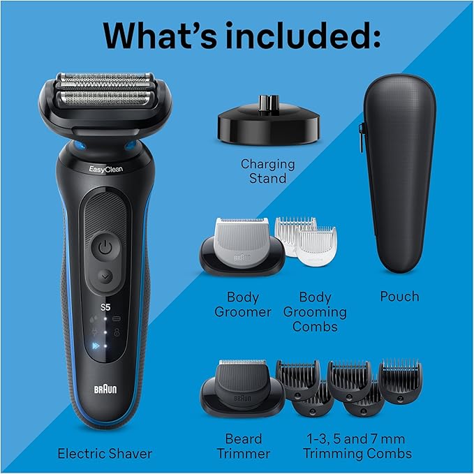Braun Electric Shaver for Men Series 5 5150cs Wet &amp Dry Razor Turbo Shaving Mode Foil Shaver with Beard Trimmer Body Groomer and Charging Stand Blue Holiday Gifts for Men
