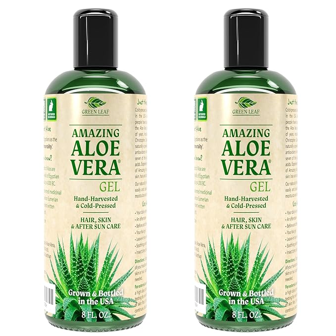 Green Leaf Naturals Amazing Aloe Vera Gel - Freshly Cut 100% Pure Aloe Premium Quality Vegan Unscented - Natural Sunburn Relief After Shave Skin Face &amp Hair Care (two 8oz bottles) 16oz