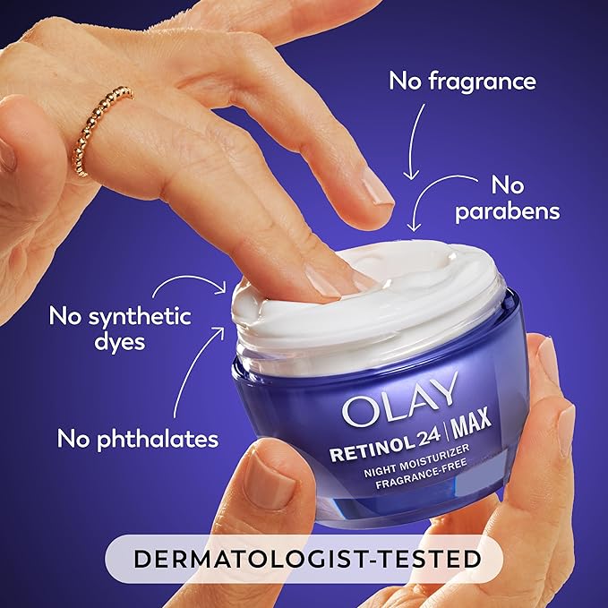 Olay Retinol Face Moisturizer 24 MAX Anti-Aging Night Cream for Women Fragrance-Free Non Greasy - Anti-Wrinkle Smooth Fine Lines Tightening Hydrating Skin Care - Peptides Glycerin 1.7 Oz