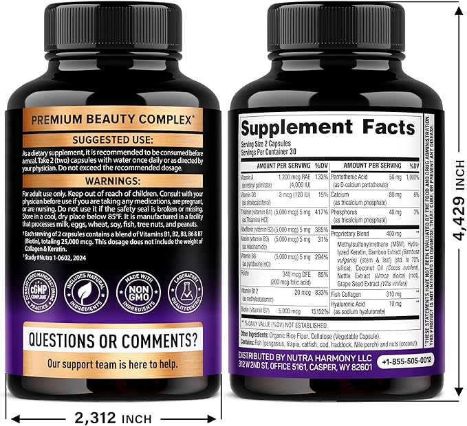 Biotin | Collagen | Hyaluronic Acid | Keratin - Clinically Tested Supplement** - Hair Growth Support Skin &amp Nails - 25000mcg Vitamins B1 B2 B3 B6 &amp B7 - for Women &amp Men - Made in USA |