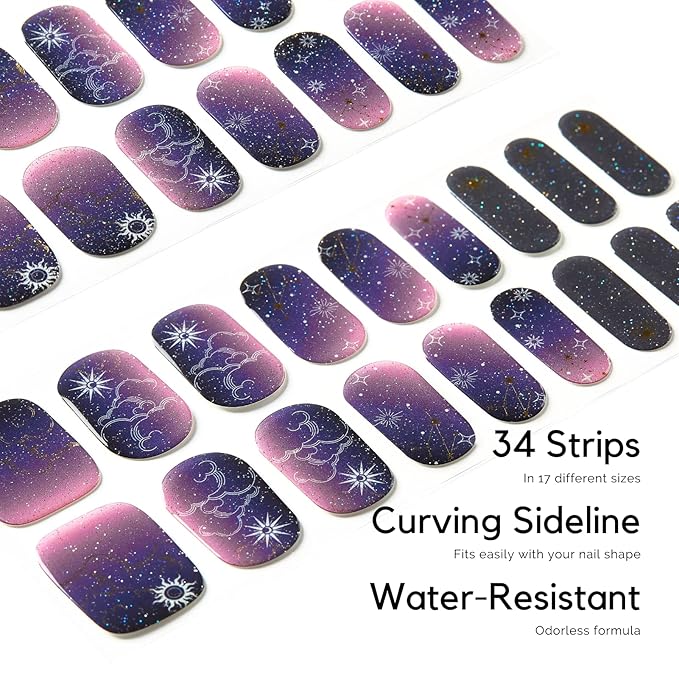NAILOG Semi Cured Gel Nail Strip Starter Kit - (Include 60Pcs Nail Stickers 1 UV Lamp and 2 Nail Files) Long Lasting Gel Nail Wraps Gift Kit for Christmas Day Skyscape
