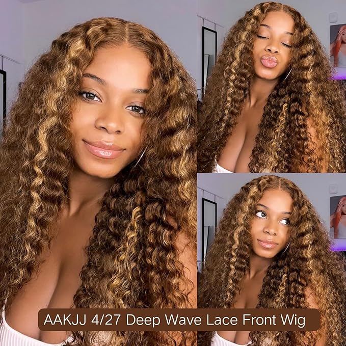 4/27 Deep Wave Human Hair Wig Highlight Ombre Color 13x4 HD Transparent Lace Front Wig 200 Density Pre-Plucked Hairline with Baby Hair Glueless for Women 32 Inch