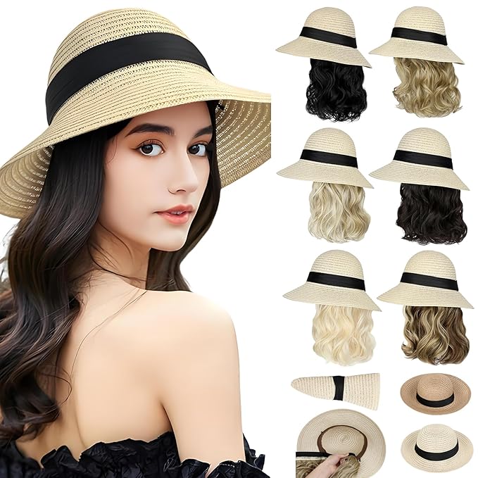 Sun Hat Straw Hat Wig Detachable Adjustable Cap with 12 Inch Synthetic Wavy Hair Extensions Foldable for Women Summer Beach Outdoors Dark Brown