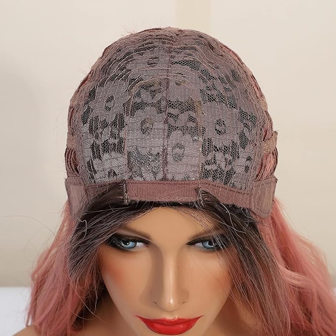 Black to Pink Wavy Wigs Human Hair Mixed Synthetic Long Curly Breathable Lightweight Middle Part No Lace for Daily Cosplay Party