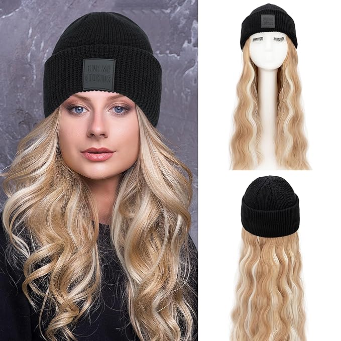 S-noilite Beanie Wig Hair Extensions18 Inch Long Wavy Hair Extensions with Knitted Hat Hairpieces for Women Winter Ash Blonde with Bleach Blonde