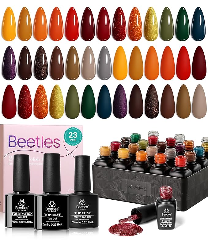 beetles Gel Polish Cozy Campfire Shade Collection - Fall Nail Fest Fall Gel Nail Polish Set 20 Colors Autumn Orange Yellow Green Brown Red Shades UV LED Cured Soak Off DIY Manicure Gift for Girl