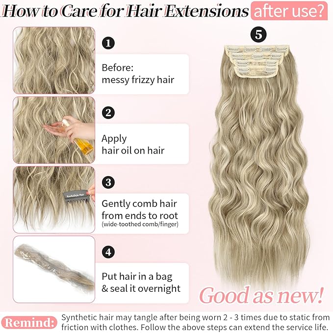KooKaStyle Clip in Synthetic Highlight Hair Extensions Long Wavy 4PCS Thick Hairpieces Ashy Beige Blonde Balayage Fiber Double Weft Natural Hair Extensions 24 Inch for Women