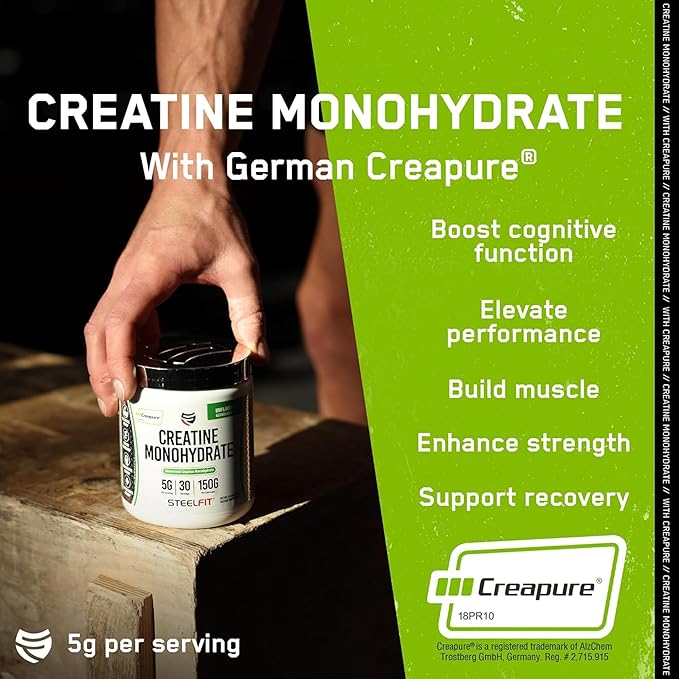 SteelFit Creapure Creatine Monohydrate Powder Unflavored - German Micronized Creatine Powder for Men &amp Women - Gym Workout Nutritional Supplements for Muscle Gain Brain Health &amp Strength Bui