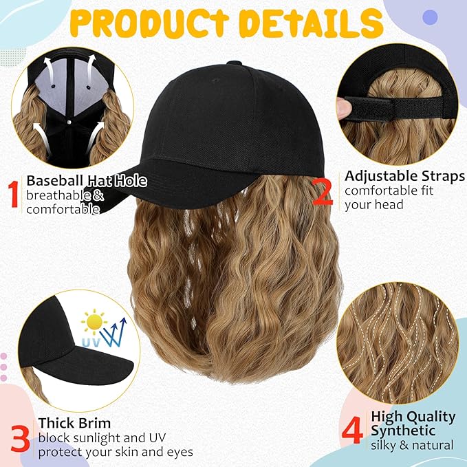 Baseball Hat WigHat with Hair attached 16'' Adjustable Black Cap with Wavy Curly Synthetic Bob Hair Extensions for Women Girls(Ash Blonde Mix Ginger Brown)