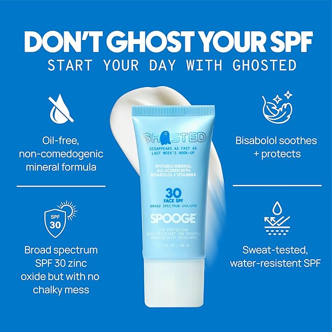 Ghosted Mineral All-Screen - Oil-Free SPF 30 Face Sunscreen - Dermatologist Developed with Cloud Feel Bisabolol for Daily All-Weather Care - Reef Safe Water-Resistant Blends Into Skin (1.7oz)