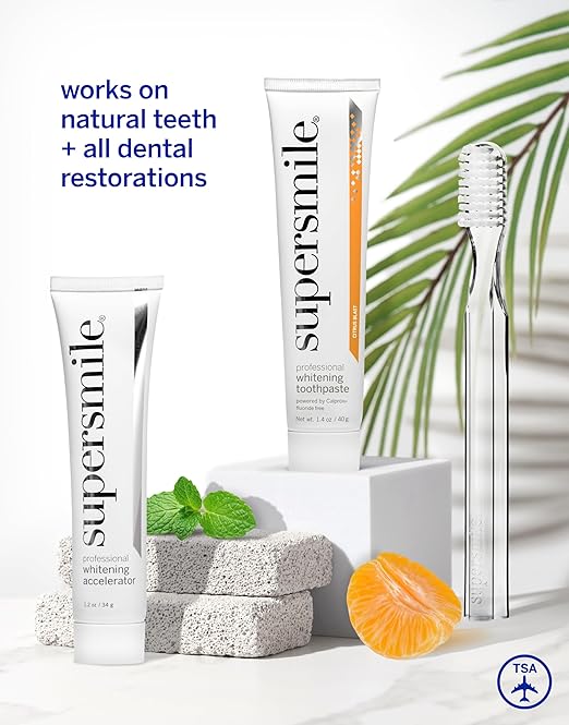Supersmile Fluoride-Free Whitening System Gift Set with Travel Bag ? 2 Calprox® Toothpastes Accelerators &amp New Generation Toothbrushes ? No Sensitivity Whitens Up to 6 Shades &amp Strengthens E