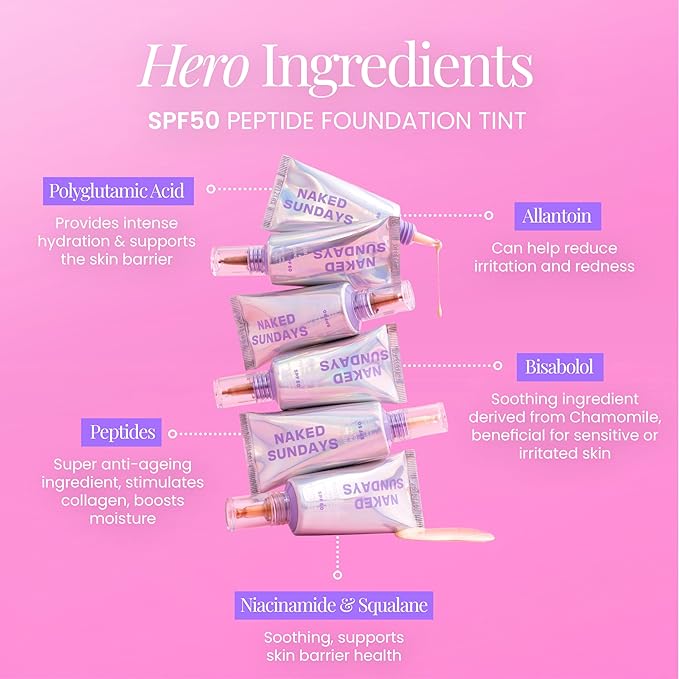 Naked Sundays BeautyScreen??SPF 50 Mineral Peptide Foundation Tint ? 2-in-1 Skin Tint &amp Mineral Sunscreen | Radiant Buildable Coverage Acne-Safe Infused with Peptides (4 Medium honey 1.01 fl o