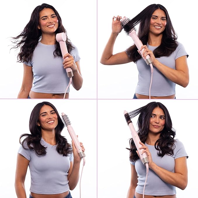 FoxyBae Super Styler Pro Interchangeable Hair Styler Wand Curling Iron Set - w/Drying Cylinder Ceramic Blowout &amp Round Brushes 2 Auto-Wrap Curlers - Frizz-Free Smooth Hair (Blush)