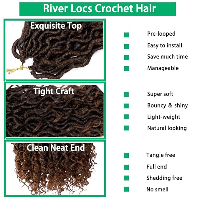 Goddess Locs Crochet Hair 12 Inch 6 Packs Faux Locs Crochet Hair for Black Women Pre Looped Crochet Hair with Curly Ends River Locs Style Hair Extensions 1b/30