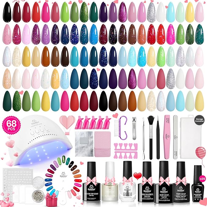 Beetles Gel Nail Polish Kit with UV Light 68 PCS Set 35 Colors Pastel Red Gel Polish with Base and Matte&ampGlossy Top Coat Soak Off Nail Kit All Year Manicure Tools Gifts for Women