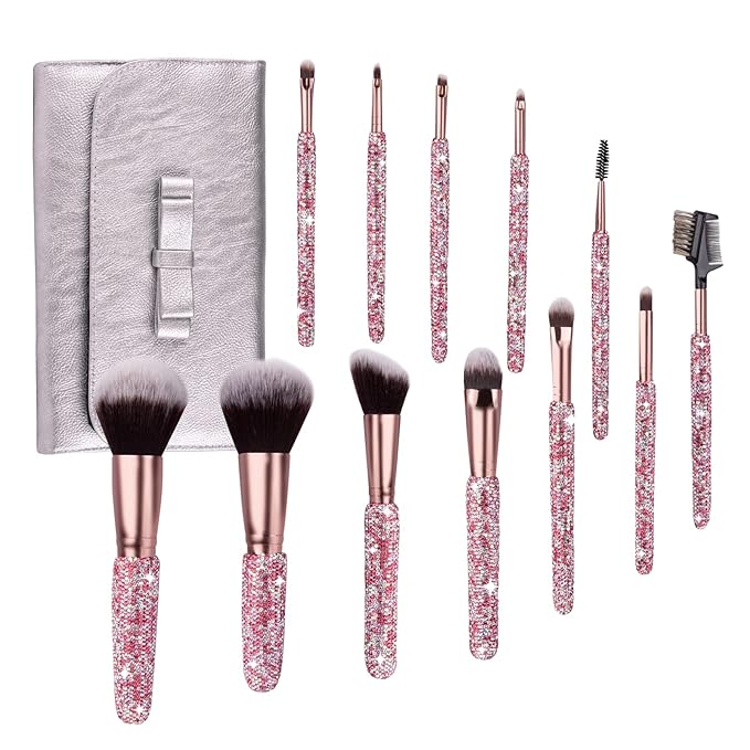 Makeup Brushes Bling Crystal Professional Face Cosmetics Blending Liquid Foundation Powder Concealer Eye Shadows Make Up Beauty Tool Glitter with Pouch Bag Kit Purely Handmade (12PCS) (Pink)