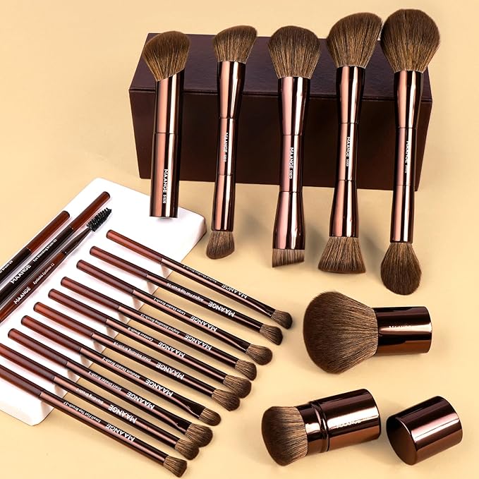 MAANGE 20 Pcs Makeup Brushes with Gift Box Double-End Multi-functional Makeup Brushes for Blending Liquid Powder Concealer Cream Blush BuffeDark Brown