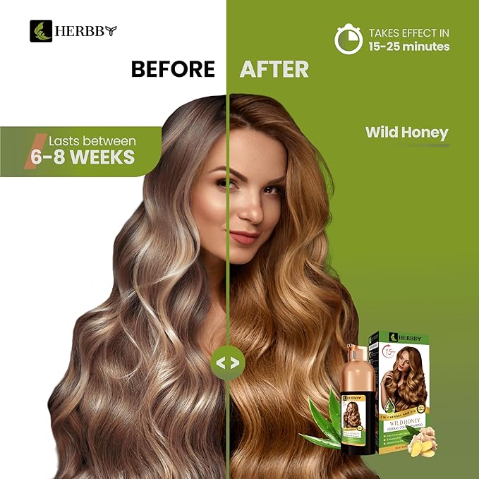 HERBBY Hair Color Shampoo for Gray Hair Coverage&ampColor Transform with 9 Herbal Extracts ?Long Lasting(6-8 Weeks)ShinyEvenly ColoredInstant Hair Dye Shampoo&ampConditioner 500 Ml (WILD HONEY C